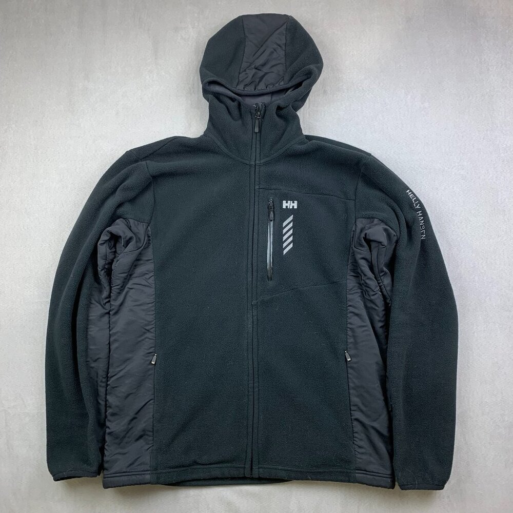 Helly Hansen Mens Jacket XL Black Full Zip Hooded Polartec Fleece Hybrid Outdoor